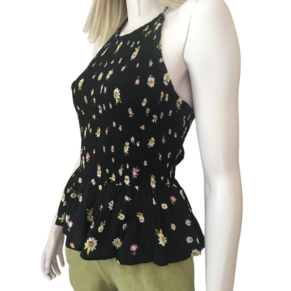 PATRONS OF PEACE Rayon Shirred Smocked Black Floral Halter Top Flounce Bottom